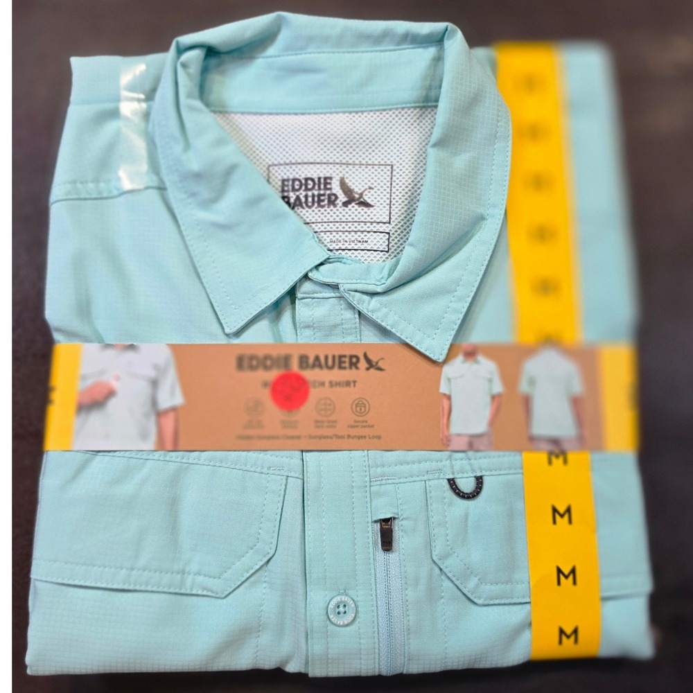Eddie Bauer Mens Woven Tech Shirt Light Blue UPF 50 Short Sleeve Medium NEW